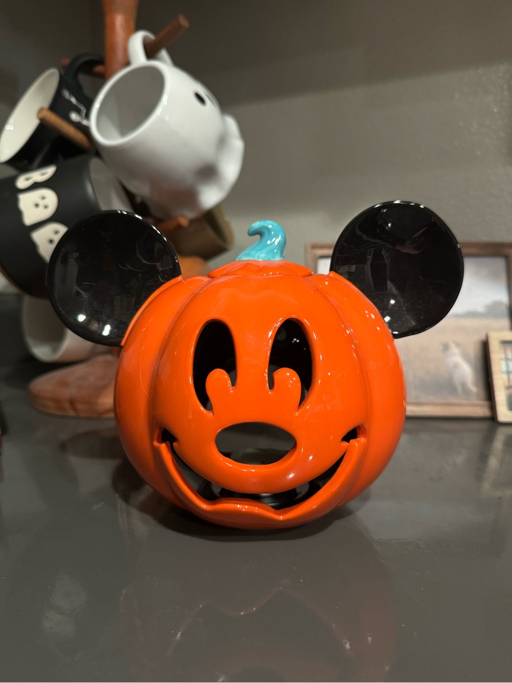 Disney Orange Pumpkin Lantern with Black Ears and Teal Stem